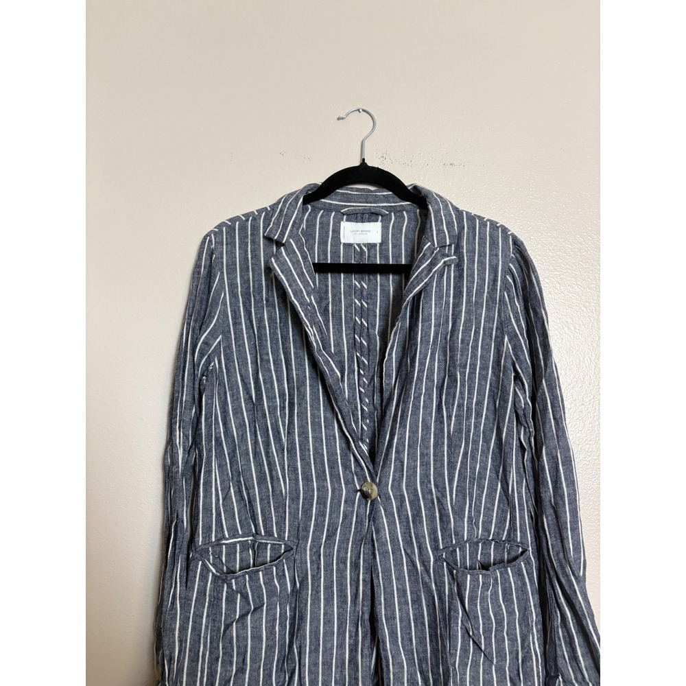 Lucky Brand Women's Blue White Striped Linen Blend Single Button Blazer Jacket S